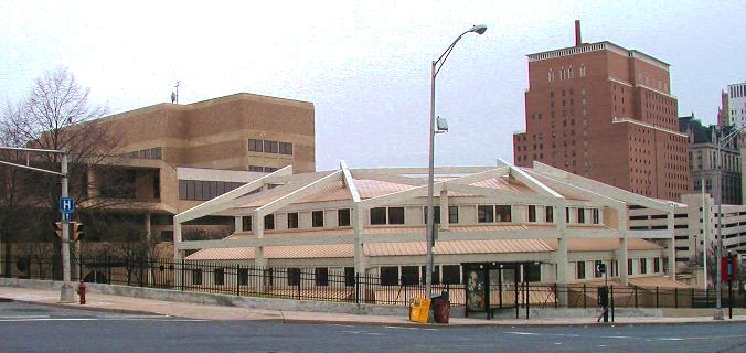 [Spider-like roof of building on Essex County College campus]