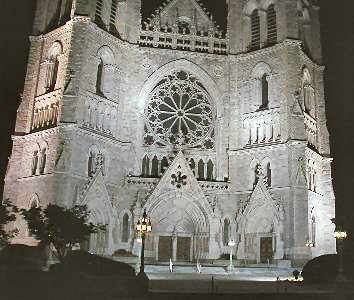 [Closeup of Cathedral facade at nite]