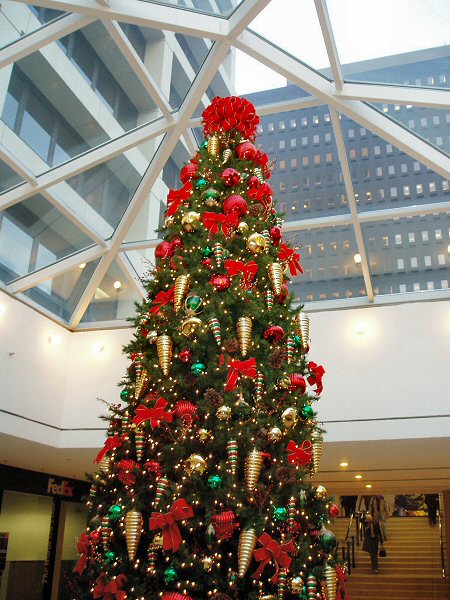 [Christmas tree, view thru skylite, Gateway One lobby]
