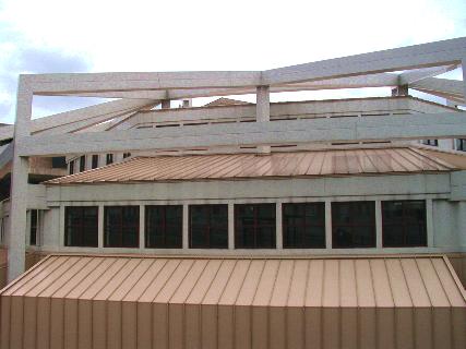 [Closeup of spider-like roof of an Essex County College building]
