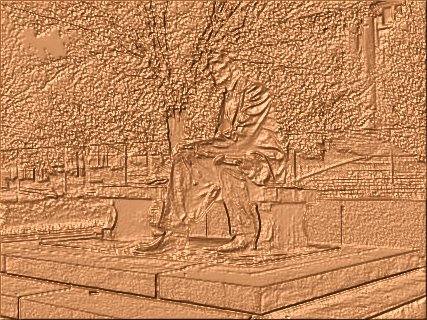 [Hammered-copper rendering of Lincoln statue]